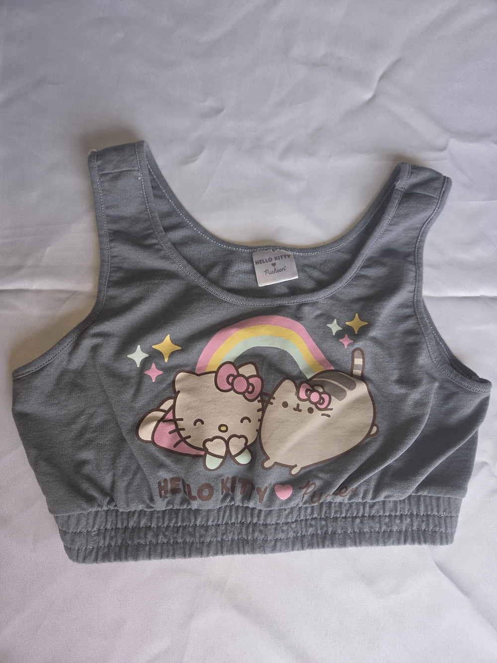 Hello Kitty Gray Crop Tank Top with Pastel Rainbow and Characters